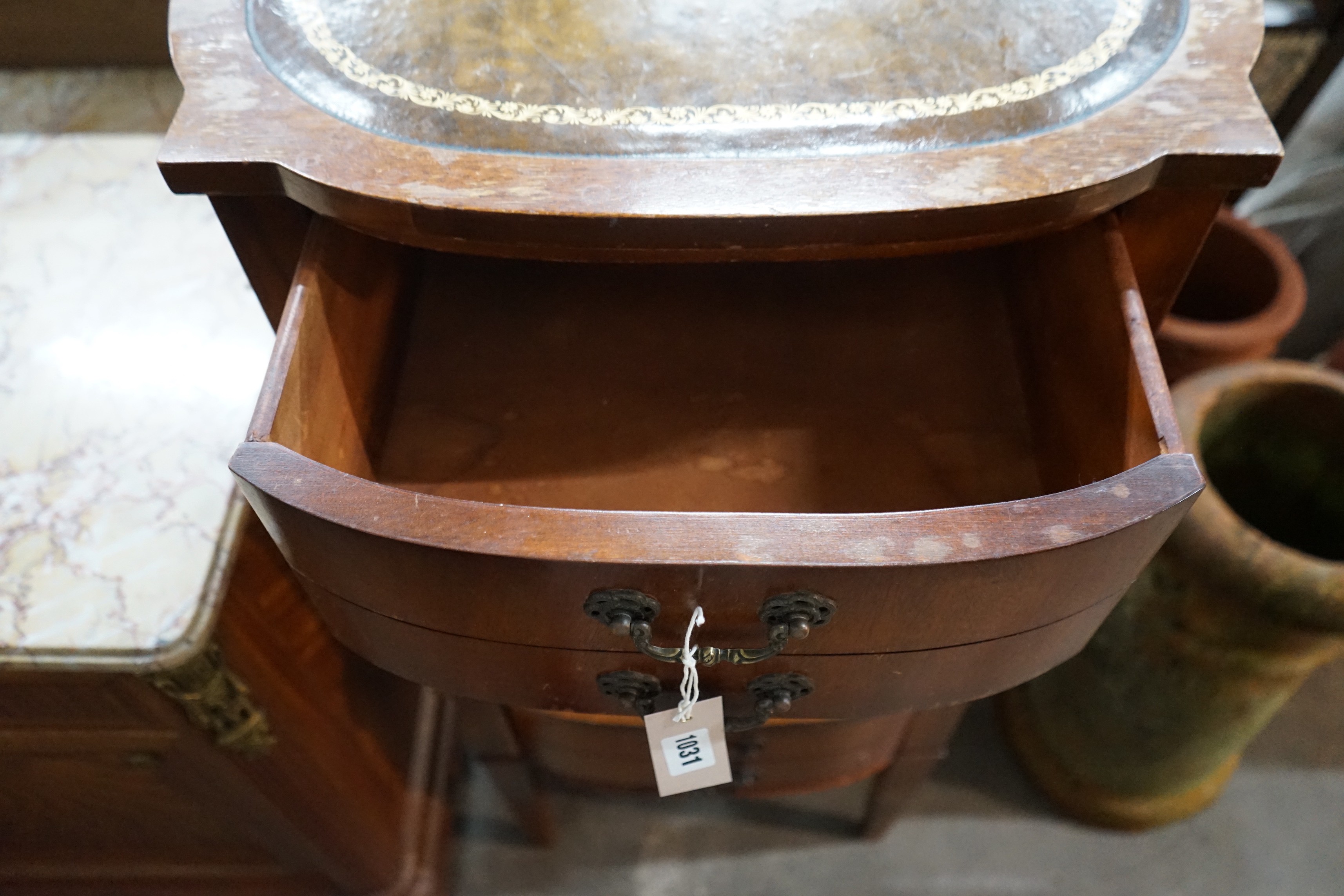 Two reproduction leather topped mahogany bedside tables, width 56cm, depth 56cm, height 57cm